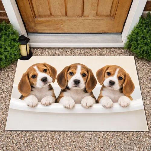 Three Beagle Puppies in Bathtub for Cozy Pet Lover Home Entryway and Laundry Room Doormat