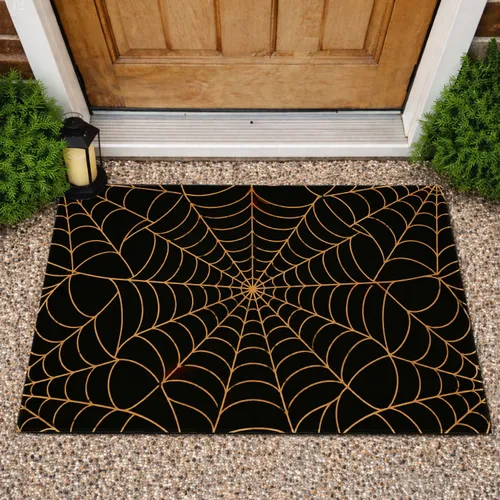 Golden Spiderweb Motifs on Midnight Black for a Cozy Halloween Entryway Seasonal Decor Doormat