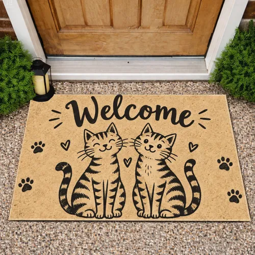 Two Playful Tabby Cats with Welcome Lettering for Cat Lovers and Pet-Friendly Homes Doormat