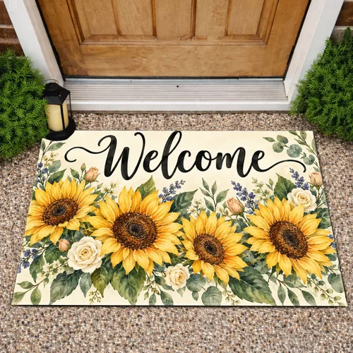 Watercolor Sunflower Welcome Floral Bouquet for a Cheerful Country Home Entrance Doormat