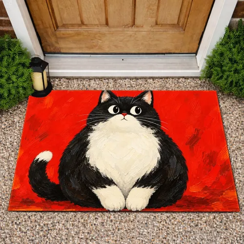 Black And White Cat On Vivid Red Ground For Playful Cat Lover Home Entryway Decor Doormat