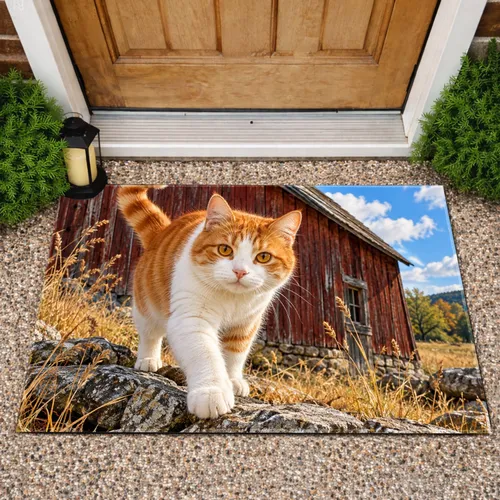 Orange and White Cat Exploring Rustic Barnyard Rocks for Cozy Country Style Living Doormat