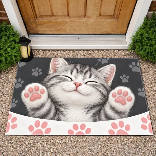 Smiling Gray Tabby Cat with Pink Paws for Cozy Cat Lover Home Décor and Feline Fans Doormat