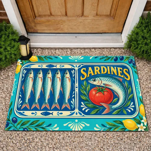 Vintage Sardine Tin With Six Fish for Coastal Kitchen Living and Seafood Lovers Doormat
