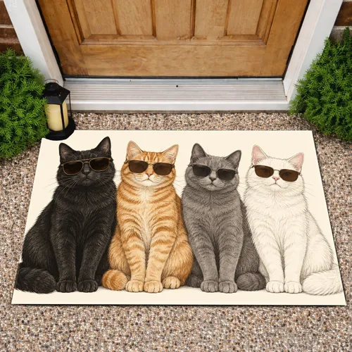 Four Cool Cats Wearing Sunglasses for a Playful Cat Lover's Everyday Home Entryway Doormat