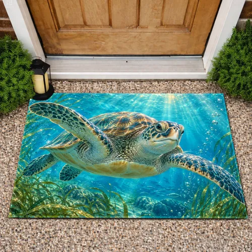 Sea Turtle Swimming in Turquoise Waters for a Serene Coastal Home or Ocean Nature Lover Doormat