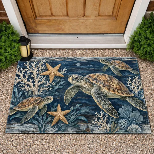 Sea Turtle And Starfish Coastal Scene For Relaxed Ocean Inspired Home Living Doormat
