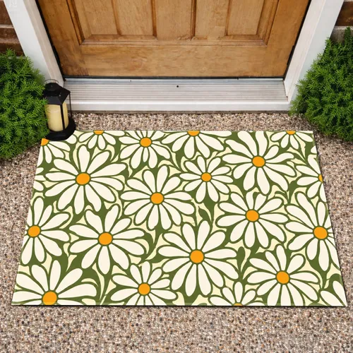 Olive Green And Cream Daisy Florals For Cheerful Cottage Entryway Living Spaces Doormat