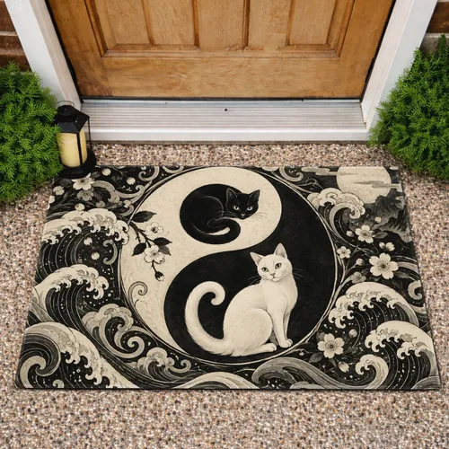 Yin Yang Cat Pair With Japanese Waves for Calm Cat Lover Homes Doormat