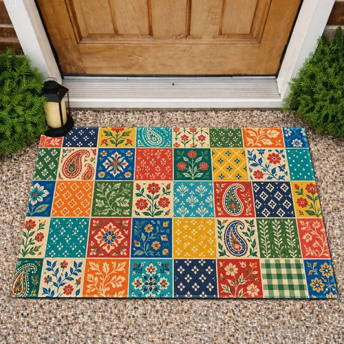 Colorful Patchwork Quilt Squares for Cozy Cottage Kitchen and Everyday Home Style Doormat