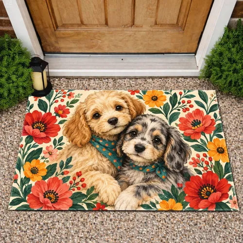 Beige Poodle and Spotted Puppy with Flowers for Cozy Pet-Loving Home Decor Gifts Doormat