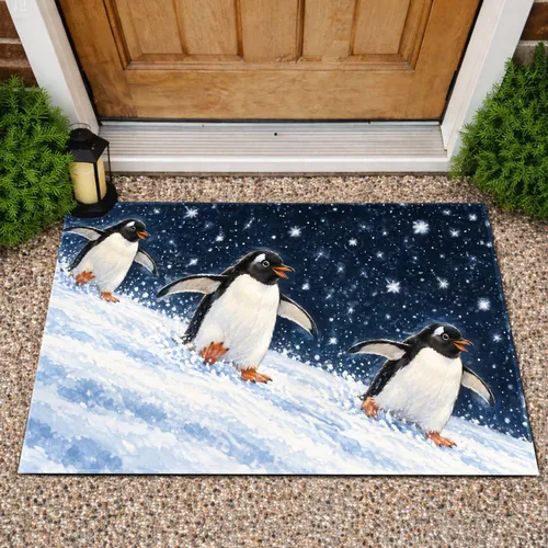 Three Penguin Snowfall Scene for Cozy Winter Entryway Living and Arctic Wildlife Fans Doormat