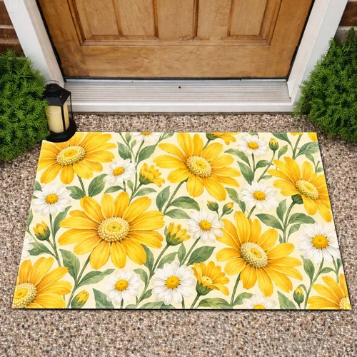Yellow Daisy and White Wildflower Blooms for Fresh Pastoral Home Style Doormat