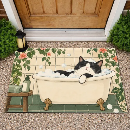 Black And White Cat Bath Scene For Cozy Pet Lover Home Decor Doormat