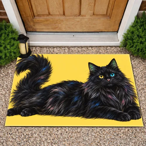 Black Cat With Mismatched Eyes For Cozy Cat Lover Homes Doormat