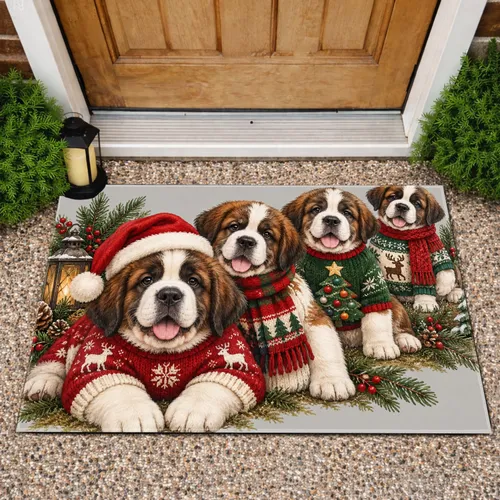 Four Christmas Saint Bernard Puppies in Festive Sweaters for Cozy Holiday Home Cheer Doormat