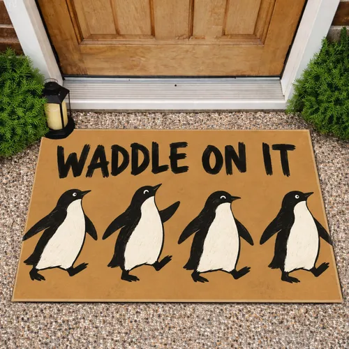 Penguin Parade Waddle On It Saying for Cheerful Winter Entryway and Bird Lovers Home Doormat