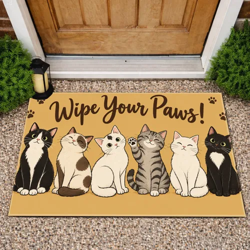 Six Cartoon Cats with Wipe Your Paws Message for Cat Lovers and Pet-Friendly Homes Doormat