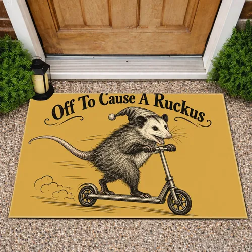 Opossum Riding Scooter Gift for Quirky Animal Lovers and Playful Kitchen Entryway Style Doormat