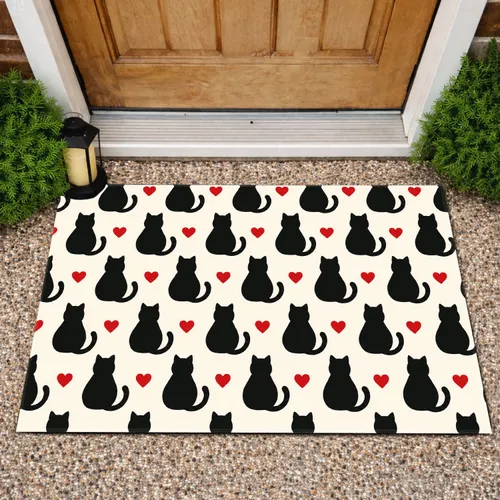 Black Cat Silhouettes With Red Hearts for Cozy Cat Lover Home Decor Doormat