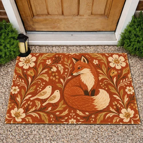 Rustic Folk Fox And Two Songbirds With Botanicals For Cozy Cottage Entryway Charm Doormat