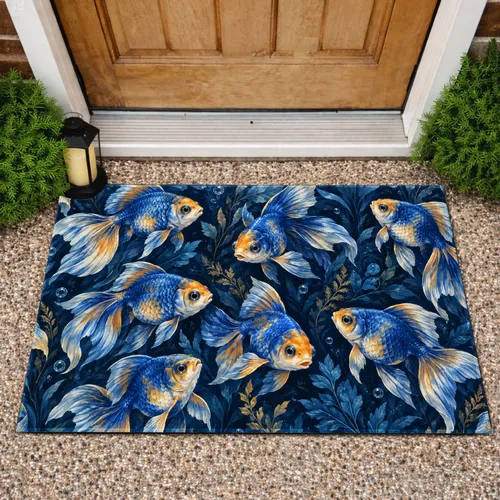 Vivid Blue Goldfish School for Serene Coastal Homes and Aquatic Nature Lovers at Home Doormat