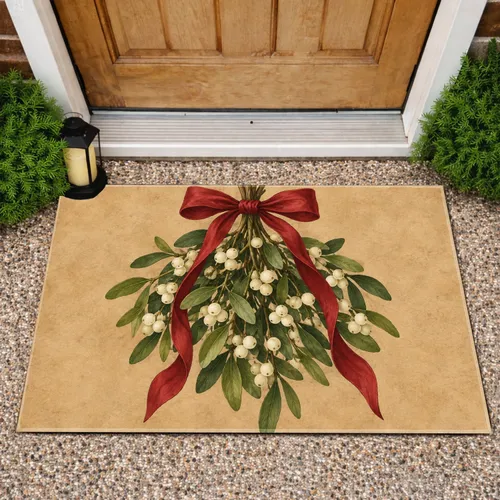 Red Ribbon Mistletoe Botanical for Cozy Christmas Entryway and Holiday Home Styling Doormat