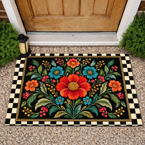 Vintage Floral Bouquet with Checkerboard Border for Eclectic Cottage Entryway Style Doormat