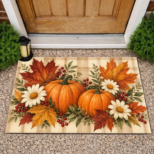 Autumn Pumpkins And Maple Leaves For Cozy Thanksgiving Bathroom Home Decor Doormat