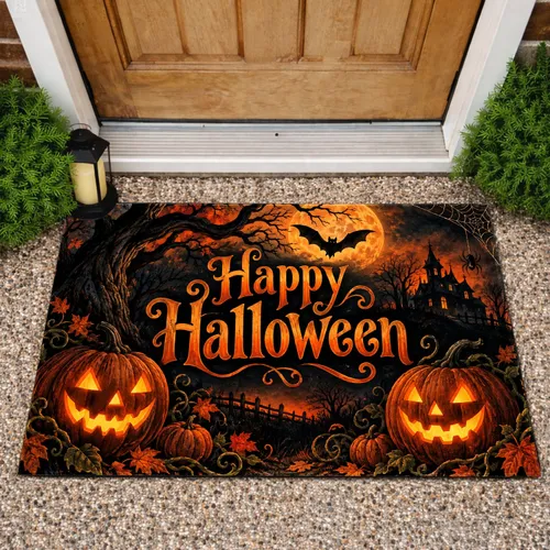 Glowing Jack-O’-Lanterns And Spiderwebs For Spooky Halloween Season Doormat