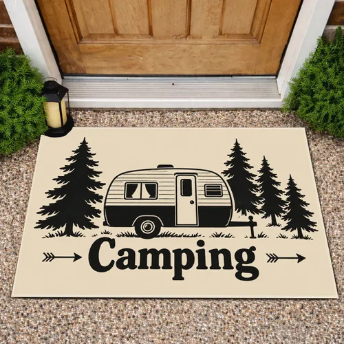 Camper Trailer and Pine Trees for Rustic Camping Trips, Cabins, and Outdoor Lovers Doormat