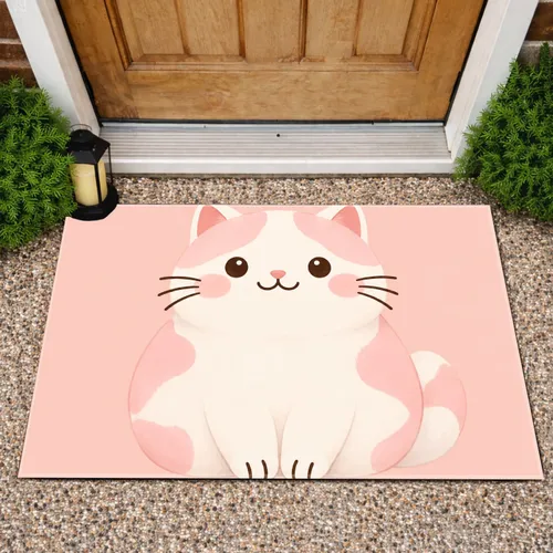 Cute Cream And Blush Cat, Cheerful Feline Charm For Cozy Bathroom And Home Lovers Doormat