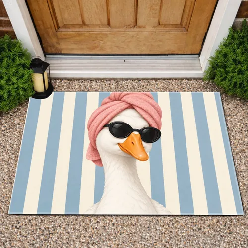White Goose In Pink Towel Turban For A Playful Bathroom Spa Retreat Doormat