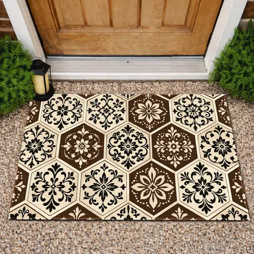 Bohemian Black Floral Hexagon Tile Motifs for a Cozy, Artful Kitchen and Entryway Doormat