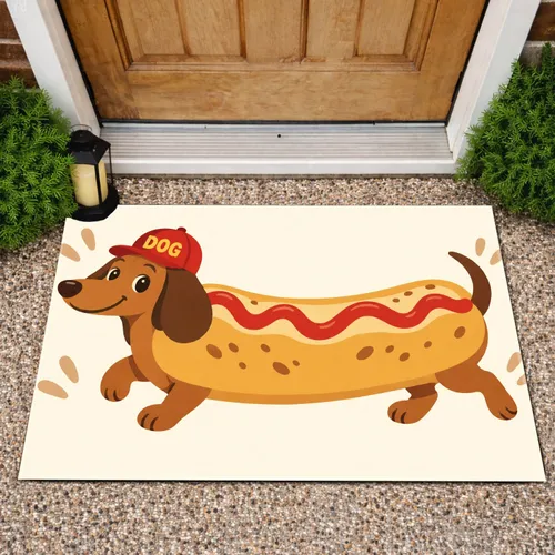 Cheerful Cartoon Dachshund in Hot Dog Costume and Red Cap for Playful Pet Lovers Doormat