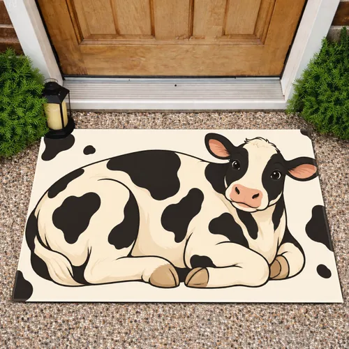 Playful Black And Cream Cow With Spotted Coat For Cheerful Farmhouse Bathroom Style Doormat