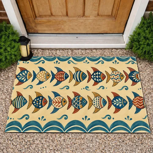 Colorful Folk Art Fish for Cheerful Coastal Kitchen and Easter Season Home Styling Doormat