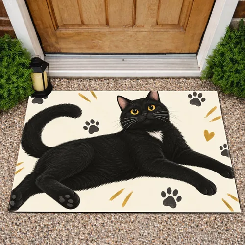 Playful Black Cat With Golden Eyes For Cozy Cat Lover Home Decor And Pet-Themed Gift Doormat