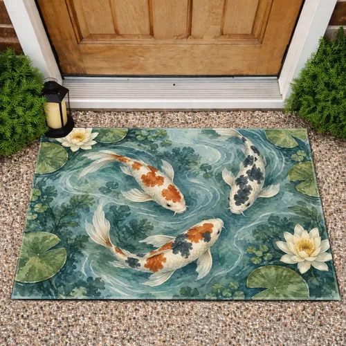 Water Lily and Koi Pond Scene for Serene Bathroom and Entryway Decor Doormat