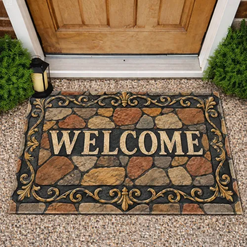 Rustic Stone Mosaic Welcome Message for a Warm Farmhouse Entryway Style Doormat