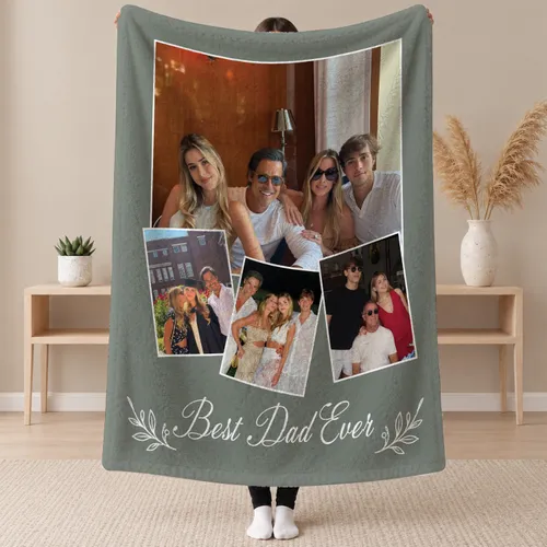 Personalized Photo Collage Blanket – Custom 4 or 5 Pictures, Names & Message, 5 Colors, Best Dad Ever Family Couple Keepsake Gift