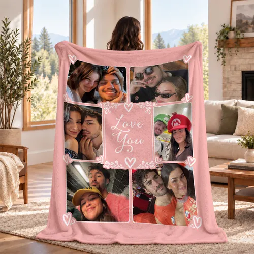 Personalized Couple Photo Blanket – Custom 6 Photo Collage & Love You Message, Romantic Anniversary Valentine Gift