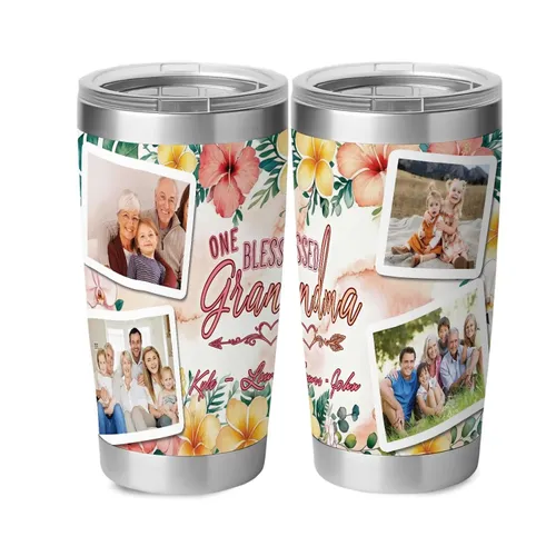 Personalized One Blessed Grandma Photo Tumbler – Custom 4 Picture Floral 20oz Cup with Grandkids Names, Christmas Gift