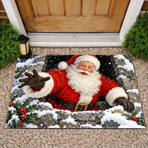 Santa Claus Emerging Through Snowy Chimney for Christmas Holiday Home Entryway Cheer Doormat