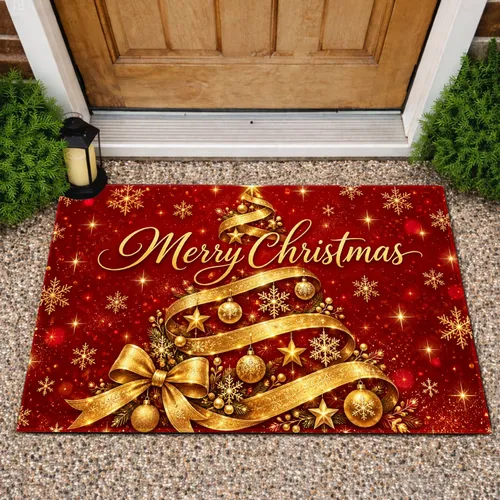 Golden Spiral Christmas Tree And Snowflakes For Festive Winter Holiday Entryway Decor Doormat