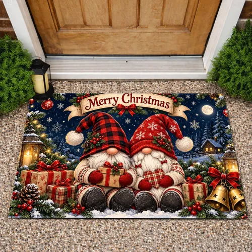 Christmas Gnomes with Gifts, Bells and Snowflakes for a Cozy Merry Christmas Holiday Doormat