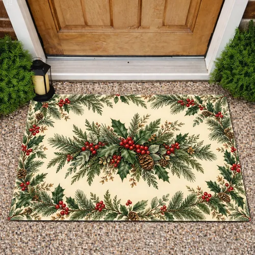 Vintage Holly Berry Pine Sprigs for Christmas Farmhouse Entryway Seasonal Style Doormat