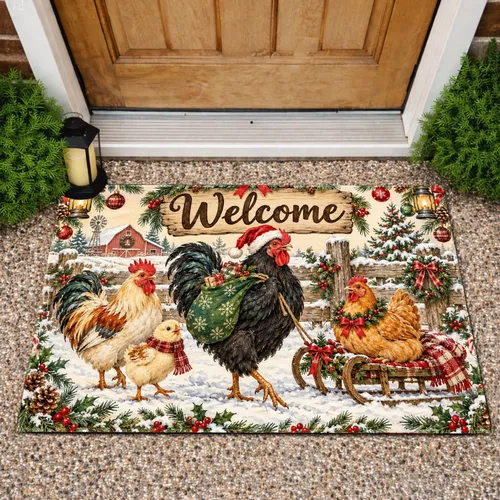 Christmas Rooster Chicken Family Scene for Festive Farmhouse Holiday Entryway Decor Doormat