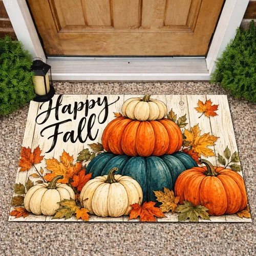 Colorful Pumpkin Stack and Maple Leaves for Cozy Autumn Thanksgiving Celebrations Doormat