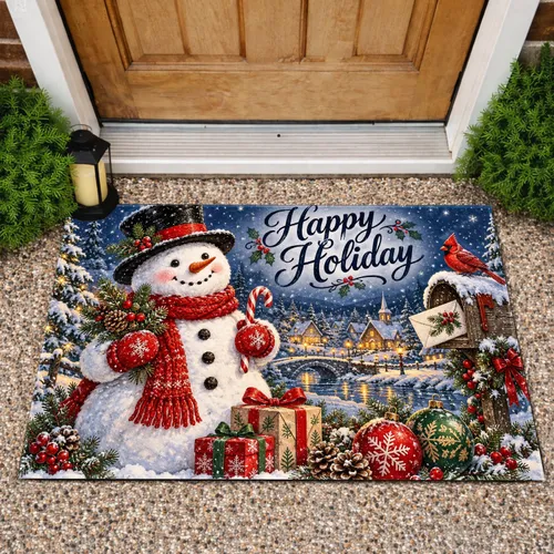 Vintage Christmas Snowman and Holiday Village for Cozy Seasonal Celebrations Doormat